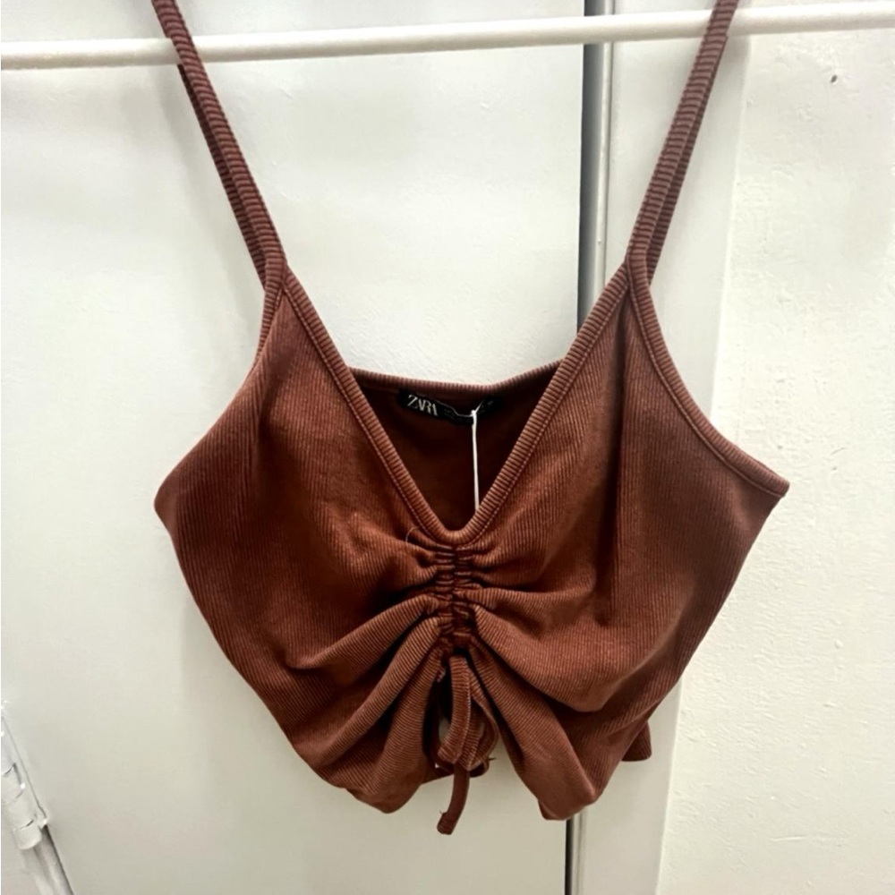 Zara Brown Ruched Ribbed Spaghetti-Strap Crop Top NWT